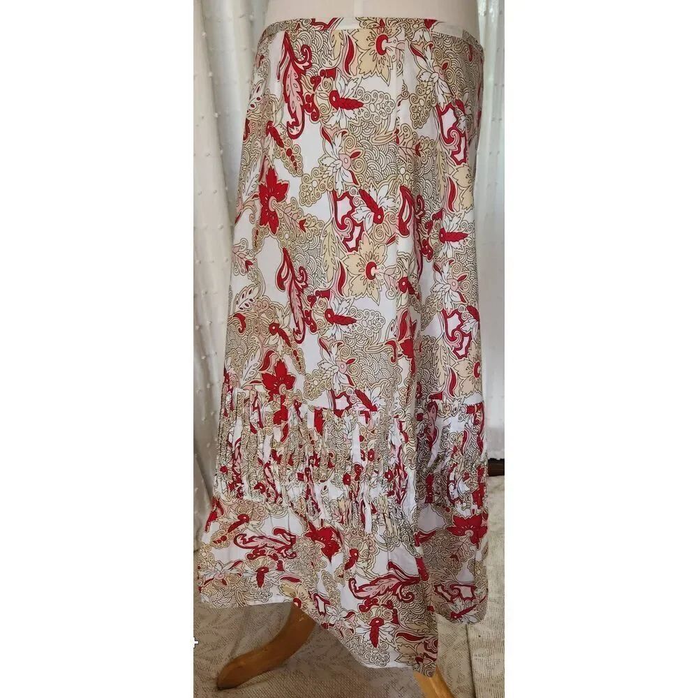 K35 Apostrophe zip up midi skirt cream & red floral pattern w/smocking & ruffle